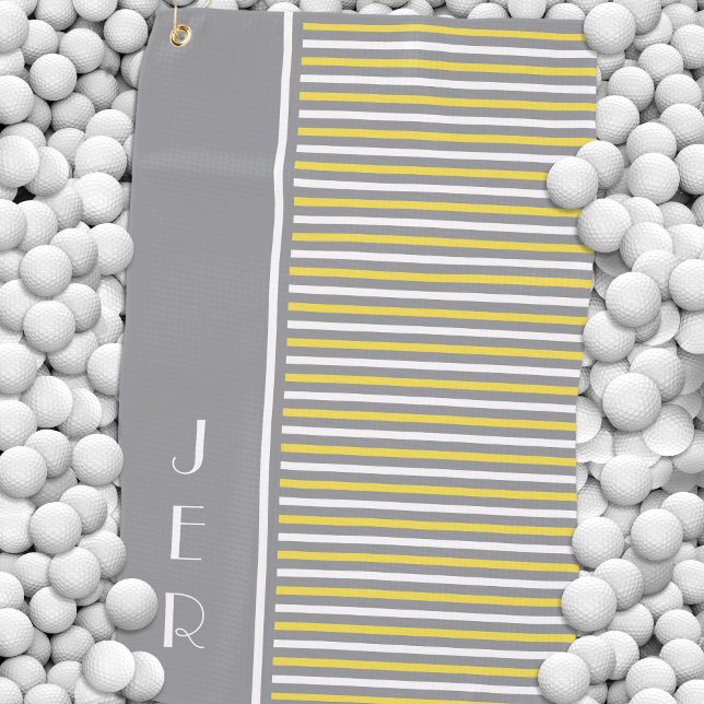 Golf Custom Initials | Modern Grey Yellow Stripes Towel (Golf Custom Initials | Modern Gray Yellow Stripes Golf Towel)