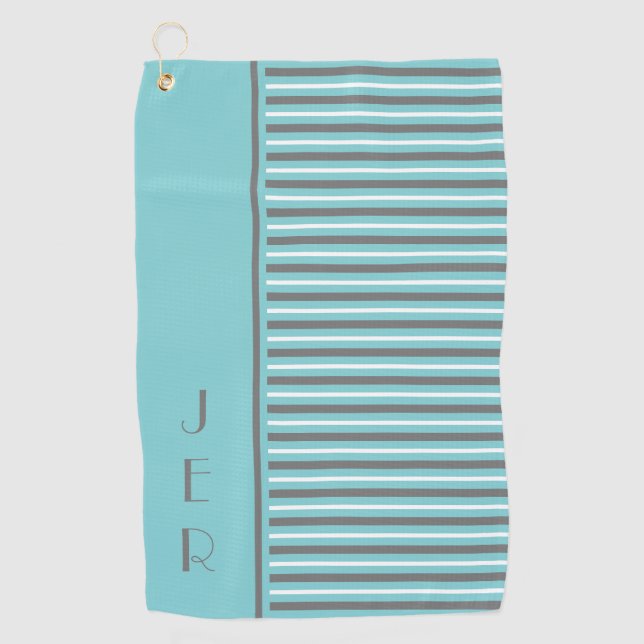 Golf Custom Initials | Teal & Grey Modern Stripes Towel (Front)