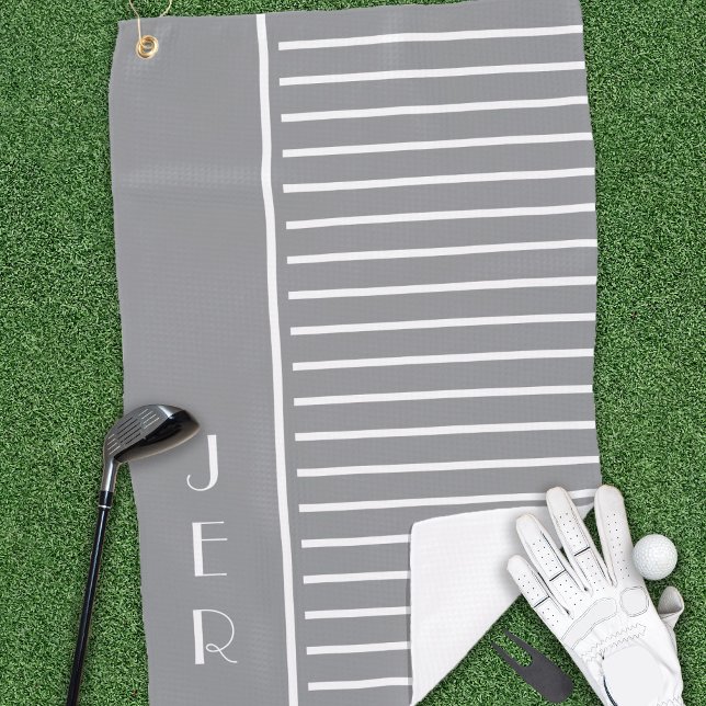 Golf Custom Initials |  Trendy Grey Modern Stripes Towel (Creator Uploaded)