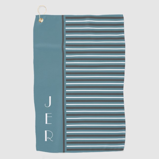 Golf Custom Initials Turquoise Grey Modern Stripes Golf Towel (Front)
