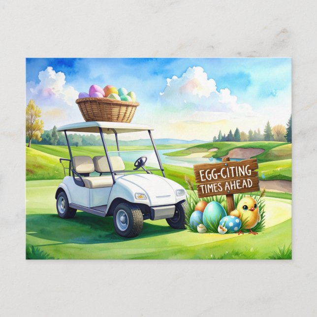 Golf easter holiday with golf cart and easter eggs postcard (Front)