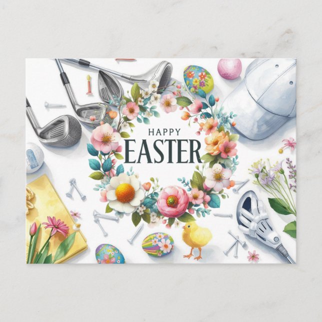 Golf easter with golf equipment with flower holiday postcard (Front)