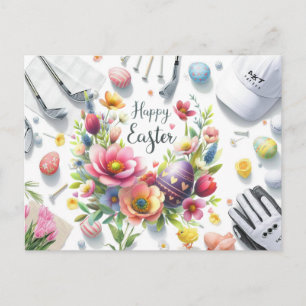 Golf easter with golf equipment with flower postcard