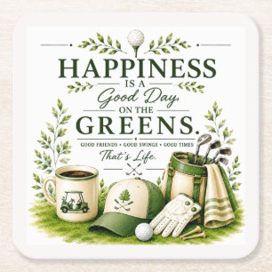Golf equipment with text on green square paper coaster