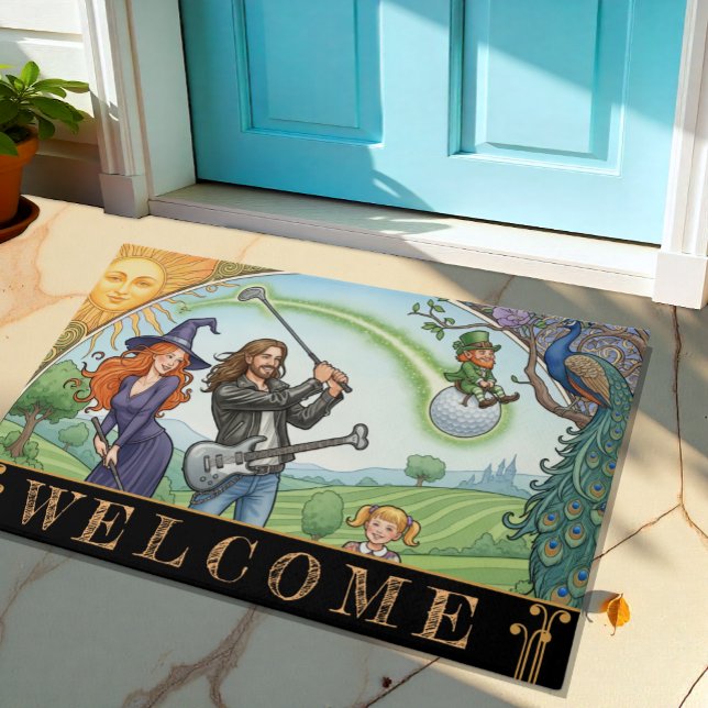 Golf Family with Witch, Rockstar, Leprechaun / Art Doormat (Modern Golf Family House Doormat)