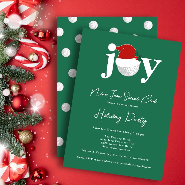 Golf Festive Holiday Party Joy Typography Green Invitation (A modern invite for your holiday gathering 🎄
Personalize for your club, family, or business.)