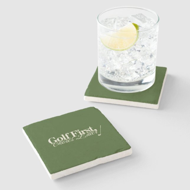 'Golf First, Chores Later' Funny Classic Green  Stone Coaster (Side)