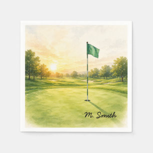 Golf flag  is on putting green with your name napkin