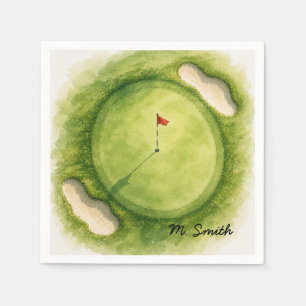 Golf flag is on putting green with your name napkin