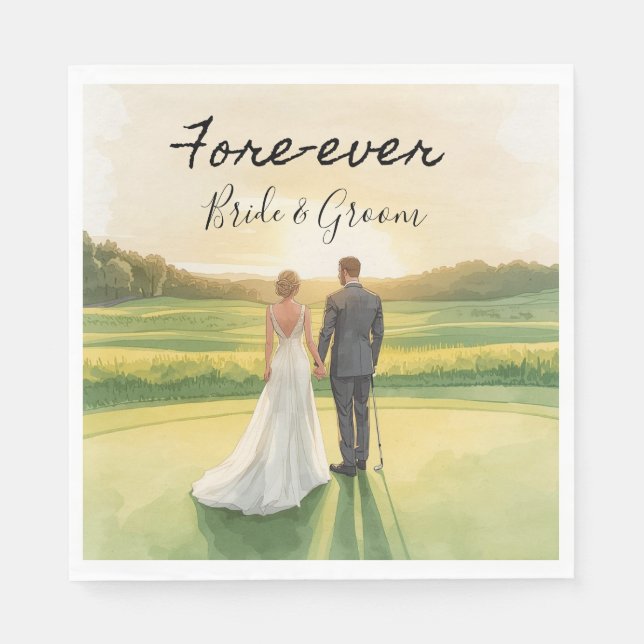 Golf Fore Ever with Bride and Groom Wedding  Napkin (Front)