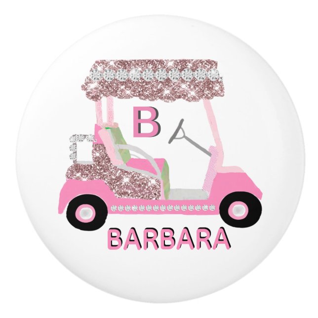 Golf Gal Fun Glitz Glam Rose Gold Diamond Cart Ceramic Knob (Front)