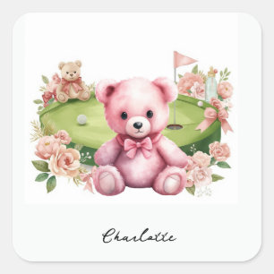 Golf Girl Baby Shower with pink teddy bear Square Sticker