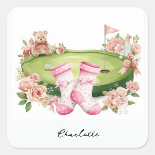Golf Girl Baby Shower with pink teddy bear Square Sticker