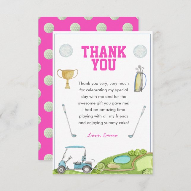 Golf Girl Birthday Thank You Card (Front/Back)