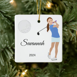Golf Girl Brown Hair Ceramic Ornament