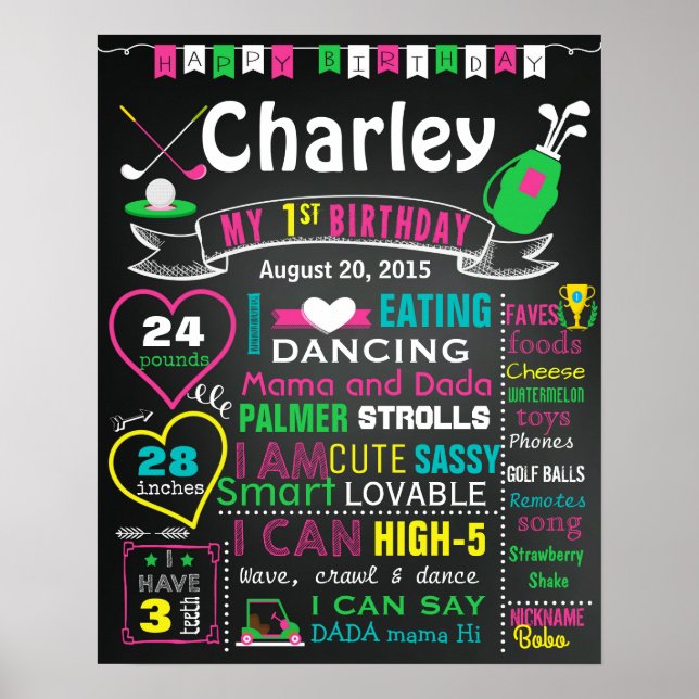 Golf Girl first birthday chalkboard sign poster (Front)