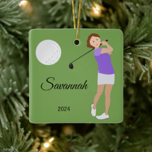Golf Girl Short Hair Brunette Ceramic Ornament