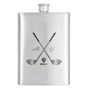 GOLF- Golf clubs and golf ball with initials Hip Flask
