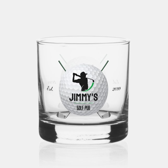 Golf Golfing Golfer Ball Clubs Rocks Drinkware Whiskey Glass (Front)