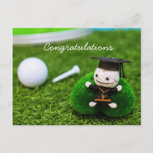 Golf graduation with golf ball and tee on green postcard (Front)