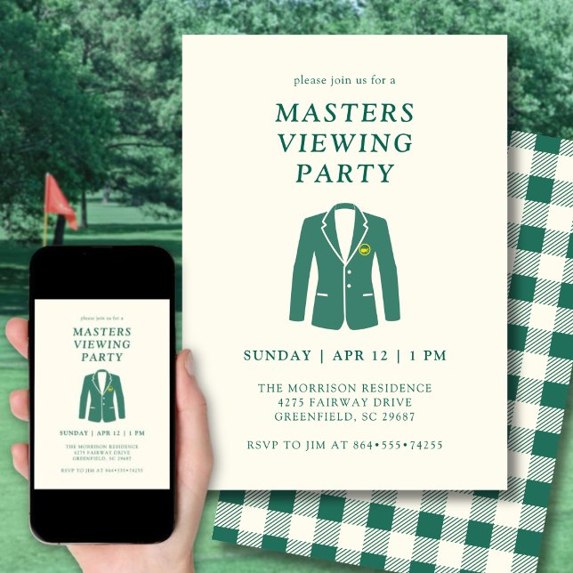 Golf Green Jacket Masters Viewing Watch Party Invitation (Elegant design inspired by the iconic green jacket for your Masters watch party.)