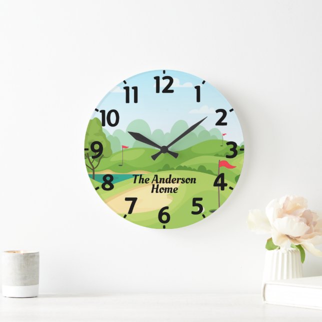 Golf Green with Name Personalised Large Clock (Home)
