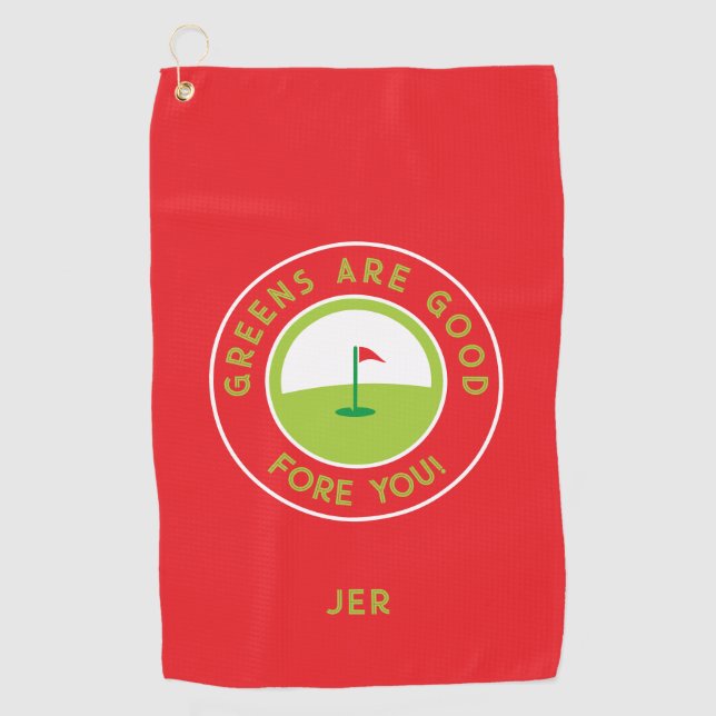 Golf Greens Fore Golfer Humour Funny Custom Red Golf Towel (Front)