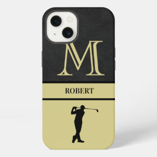 Golf Guy Black Leather Texture Monogram Name  iPhone 13 Case