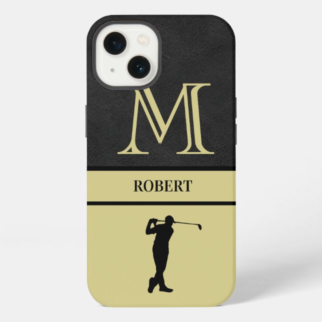 Golf Guy Black Leather Texture Monogram Name  iPhone Case (Back)