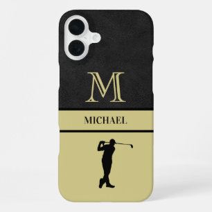 Golf Guy Black Leather Texture Monogram Name iPhone 16 Plus Case