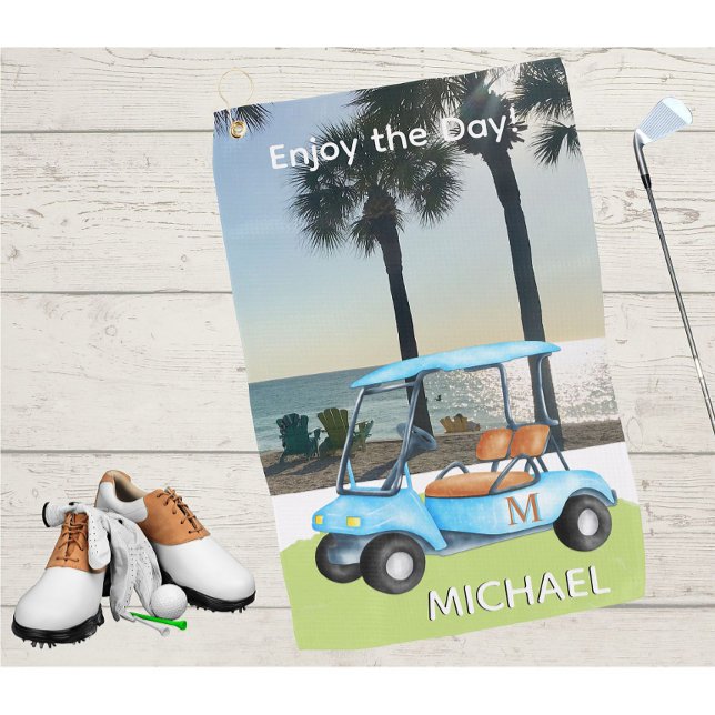 Golf Guy Golf Cart Beach Monogram Name  Towel (Creator Uploaded)