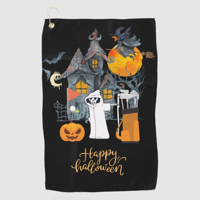 Golf Halloween Day with Ghost skeleton pumpkin   Golf Towel (Front)