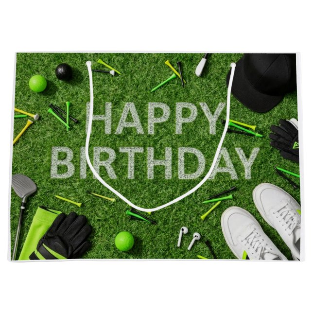 Golf Happy Birthday on Green Large Gift Bag (Front)