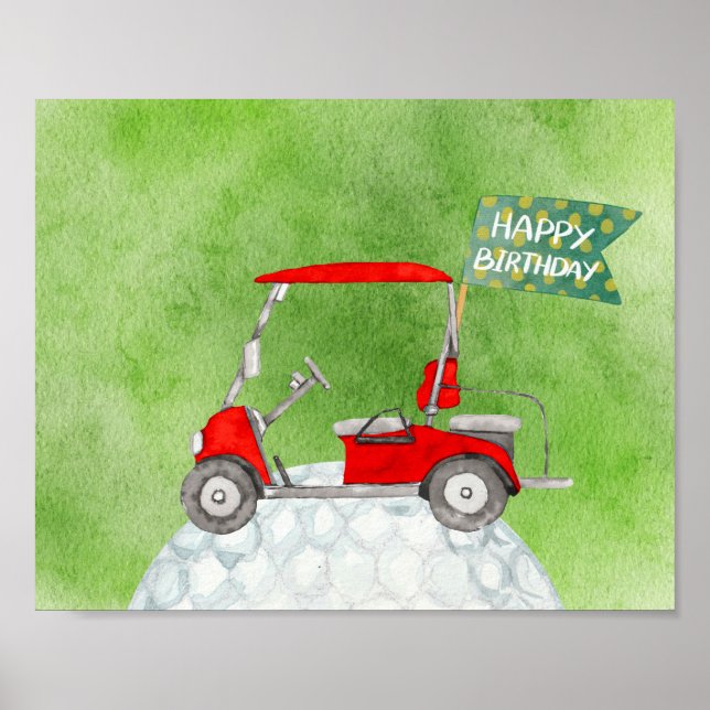Golf Happy Birthday with golf cart  watercolor  Poster (Front)