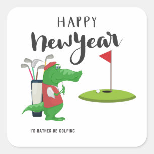 Golf  Happy New Year with crocodile golfer at flag Square Sticker