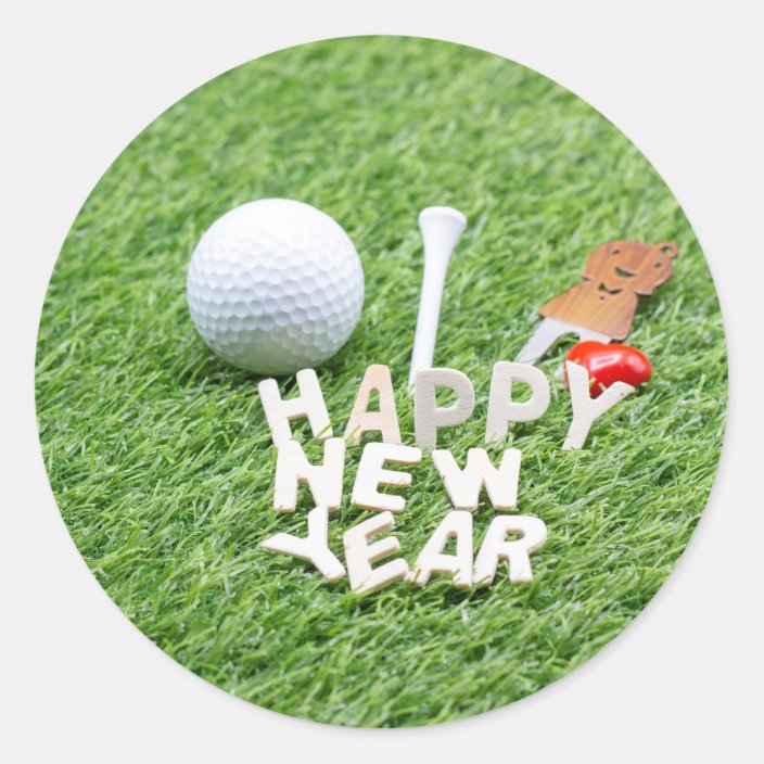 Golf Happy New Year with golf ball and gift Classic Round Sticker