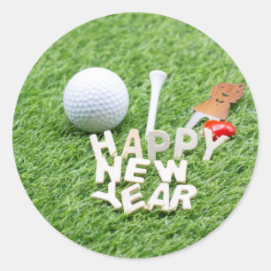 Golf Happy New Year with golf ball and gift Classic Round Sticker