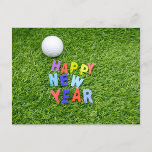 Golf Happy New Year with golf ball on green grass Postcard
