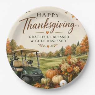 Golf Happy Thanksgiving with Autumn Golfing Paper Plate