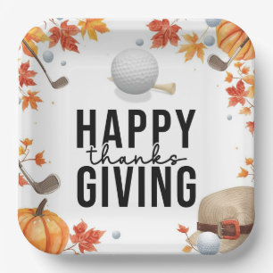 Golf Happy Thanksgiving with Autumn Golfing Paper Plate