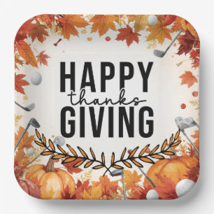 Golf Happy Thanksgiving with Autumn Golfing Paper Plate