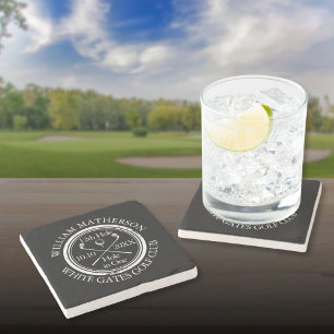 Golf Hole in One Personalised Black And White Stone Coaster