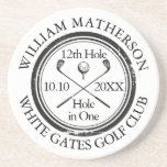 Golf Hole in One Personalised Coaster<br><div class="desc">Featuring an aged stamp effect classic retro design. Personalise the name,  location hole number,  and date to create a great golf keepsake to celebrate that fantastic hole in one. Designed by Thisisnotme©</div>