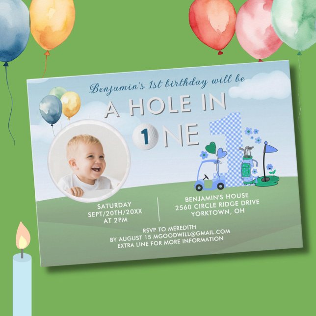 Golf Hole In One Photo Boy First Birthday Par-Tee  Invitation (Creator Uploaded)