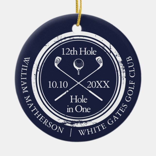 Golf Hole in One Retro Navy Blue Personalised Ceramic Ornament (Front)