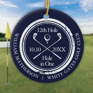 Golf Hole in One Retro Navy Blue Personalised Ceramic Ornament