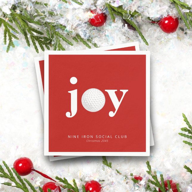 Golf Holiday Joy Personalized Name Typography Red Napkin (Modern “Joy” with golf ball detail. Perfect for country clubs, leagues, or golf buddy parties.)
