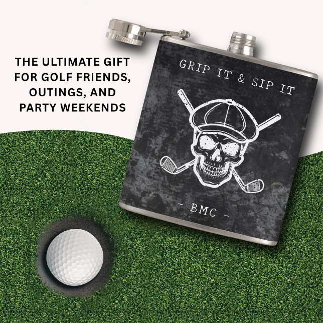  Golf Humour Grip It Sip It Custom Initials Black Hip Flask (Grip it, sip it—golf humor with edge.)