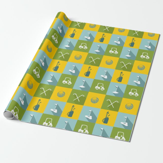 Golf Icons in Gold Green and Blue Squares Wrapping Paper (Unrolled)