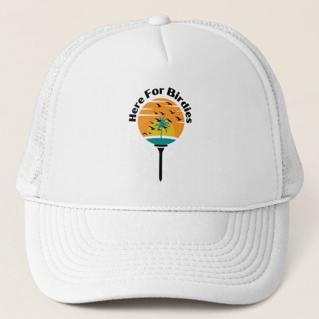 Golf Infusion "Here For Birdies" Sunset Golfer Trucker Hat (Front)